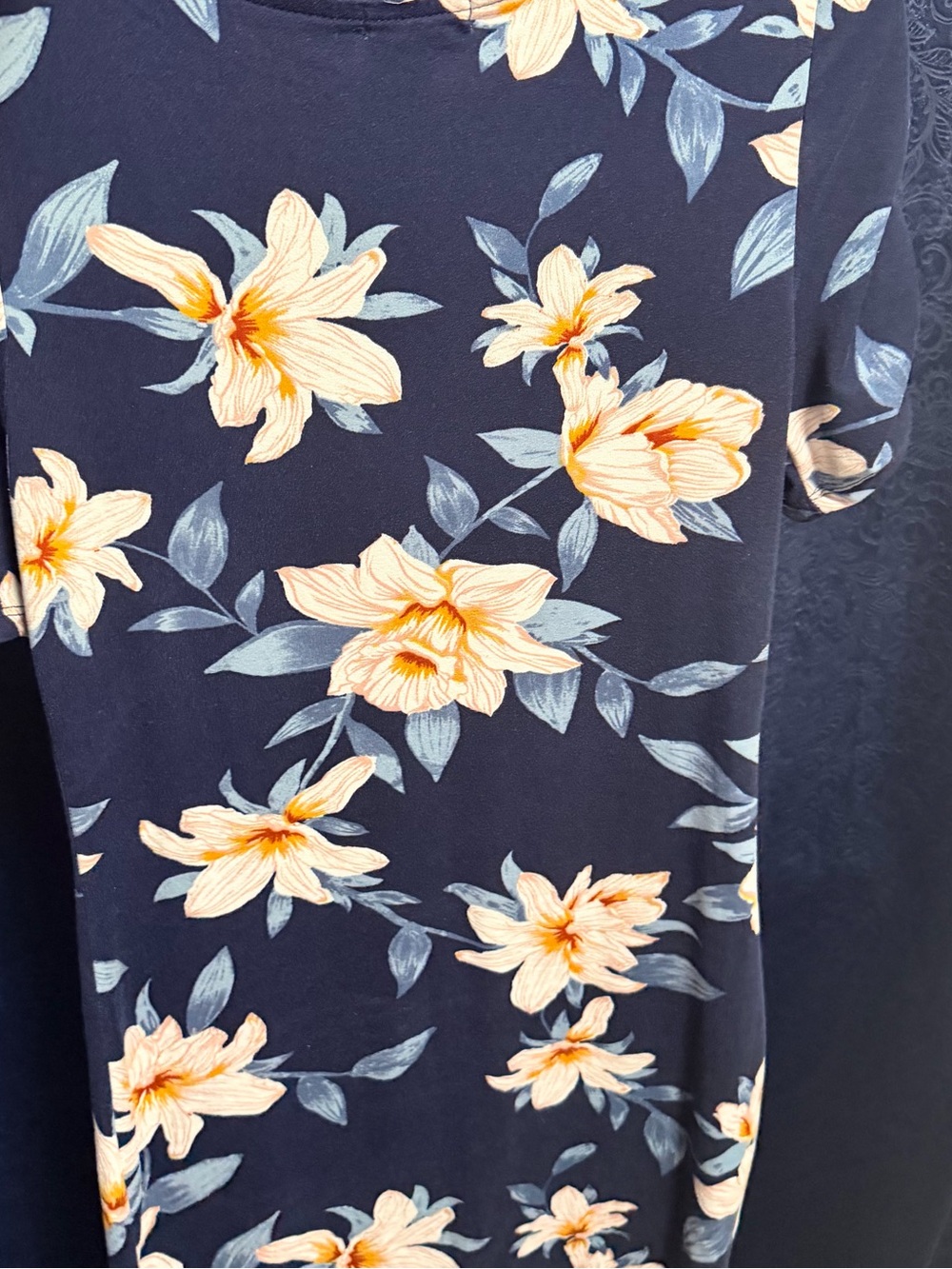Floral Navy Short-Sleeve Women's dress- Navy with Cream Flowers